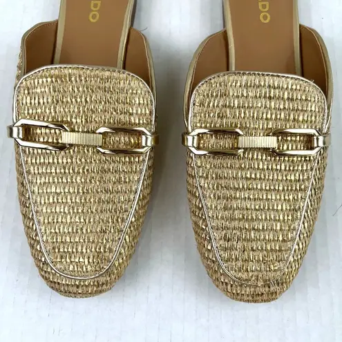 ALDO  Sylvie Natural Raffia Gold Basketweave Square Toe Slip On Mules Size 7.5