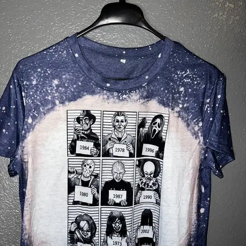 Horror Movie Characters Bleach Tie Dye Graphic Tee Small 80s 90s Icons Blue