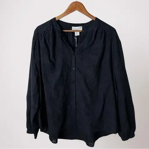 Calypso St. Barth Black Cotton Embroidered Button Front Blouse Medium Top