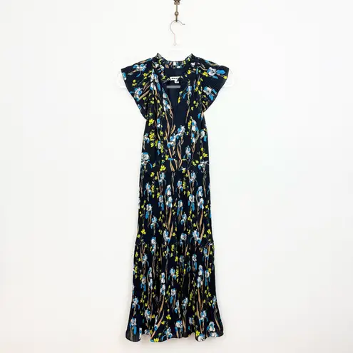 Whistles Celia Iris Print Pleated Dress Navy Floral Blue Size 2