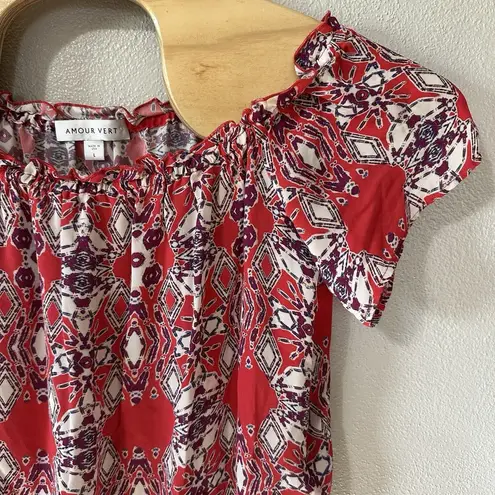 Amour Vert Size Large Red Purple Print Silk Off The Shoulder Short Sleeve Blouse
