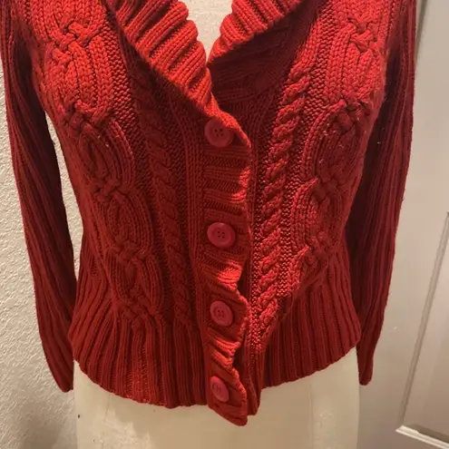 st. john's bay St. John’s Bay Red Chunky Cable Knit Cardigan EUC Sz M Acrylic Button Down