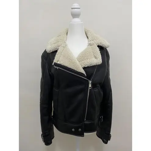 Bershka Shearling Trim Aviator Jacket in Black (X-SMALL)