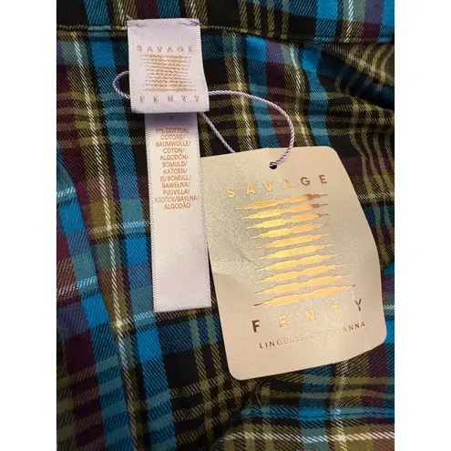 Savage X Fenty Tied Up Tartan Cropped Raw Hem Open Back Pajama Set 1X Plaid NWT