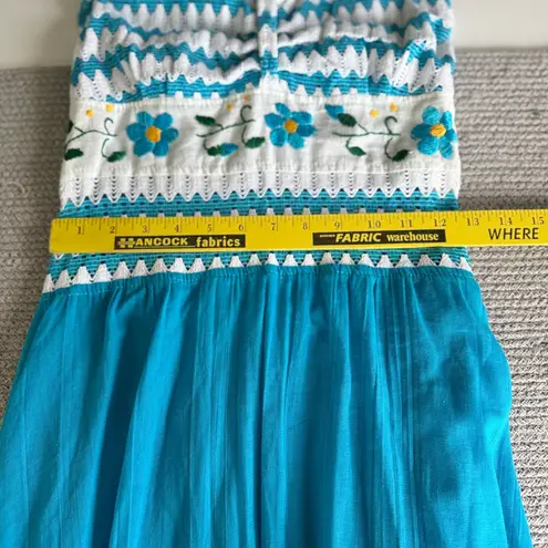 Vintage 70’s Handmade Turquoise Embroidered Halter Handkerchief Hem Dress Small Blue
