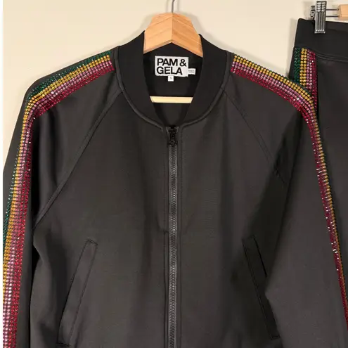 Pam & Gela Black Rainbow Rhinestone Tracksuit Set Jacket Pants Women's Size S