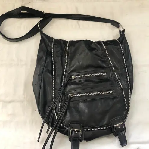 Unisex Grunge Gothic Punk Black leather crossbody shoulder messenger bag purse silver hardware multiple zippers & pockets Can also be a school bag as it can fit multiple books, tablets, laptop computer - Image 3