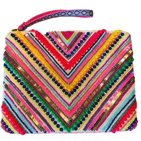 NWOT America & Beyond Hand Embellished Wristlet Bag Wallet Pouch 10x8" Boho Chic