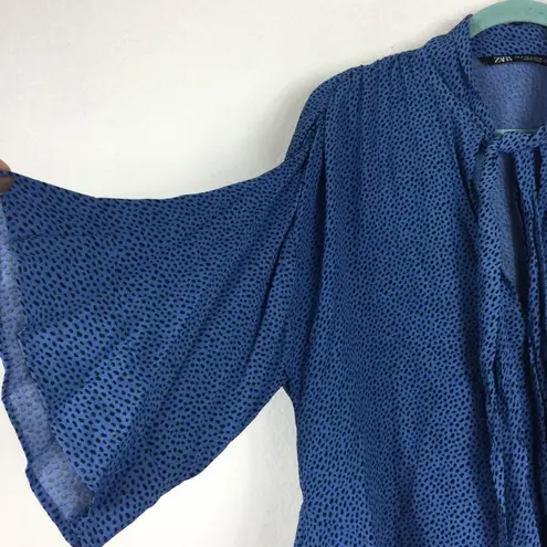 ZARA  Blue Polka Dot Tie Neck Flowy Oversized Blouse Small Chic Fairy 90s