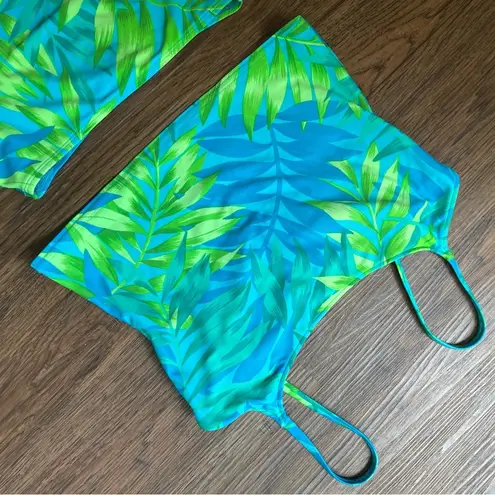 Vtg Y2K Tankini Swim Set Sz 12 Neon Abstract Palm Print High Rise Blue