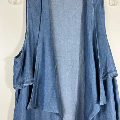 Halo Boutique Med Wash Denim Chambray Lightweight Open Front Waterfall Cardigan Blue