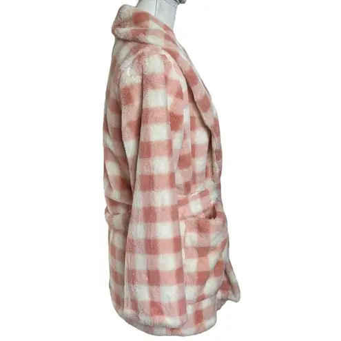 APPARIS Rare Gingham Check Teddy Coat with Tie Waist Pink Jacket Womens Size S/M Size M