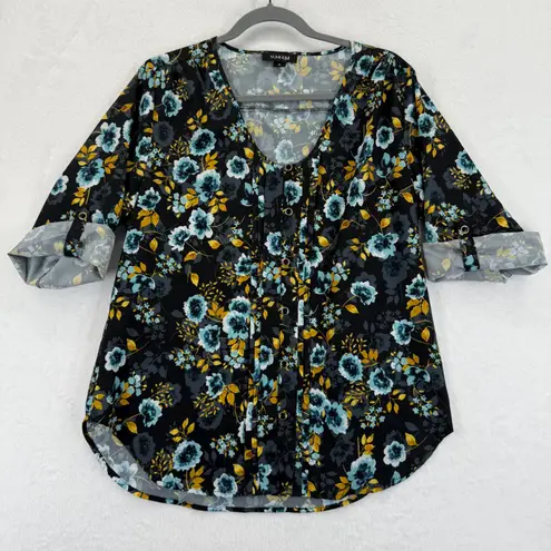 Yumi Kim Floral Blouse Medium Roll Tab Sleeve Button Down V Neck Womens