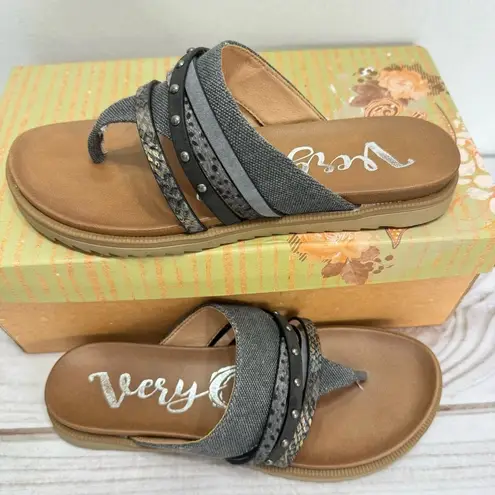 Very G NEW Rose 2 Gray Canvas Thong Flats Mixed Faux Leather Straps Beach Summer
