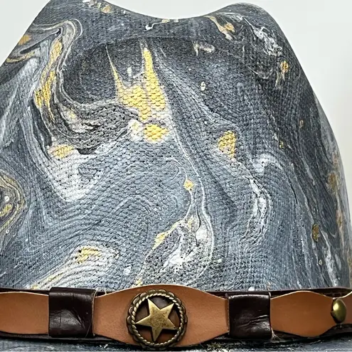Distressed marble gold glazed Cowboy Hat w/Brown Leather Star concho Band unisex Blue Size M