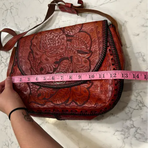Red Leather Floral Tooled Shoulder Bag Purse