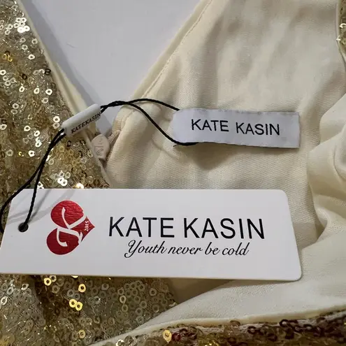 Kate Kasin Bright Gold Sequin Maxi Gown XS Elegant Formal Evening Dress Deep V