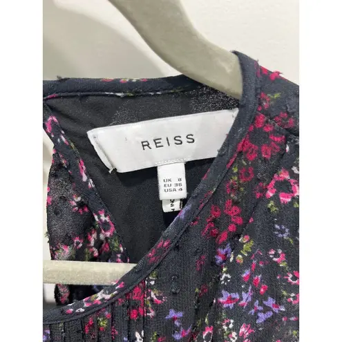 Reiss Carey India Ruffle Pintuck Floral Long Sleeves Mini Dress Sz 4