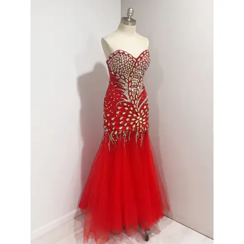Angela and Alison Women's Red Beaded Strapless Mermaid Prom Formal Dress Size M/L - Image 2