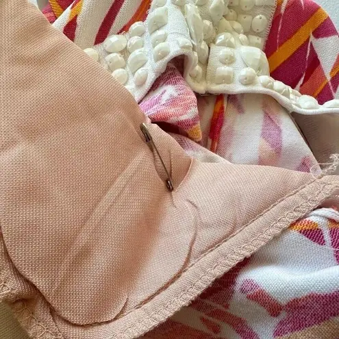 Michael Simon Beaded Pink White Cardigan Sweater Floral Beach Cruise Medium