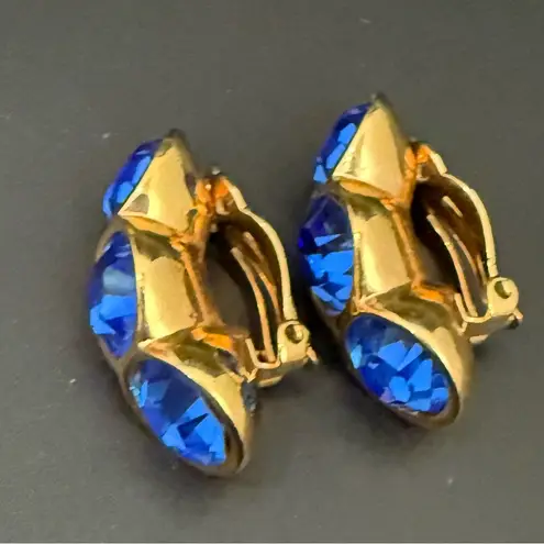 Swavorski Vintage SAL Swarovski Cobalt Blue Bezel Crystal GoldTone Huggie Clip On Earrings