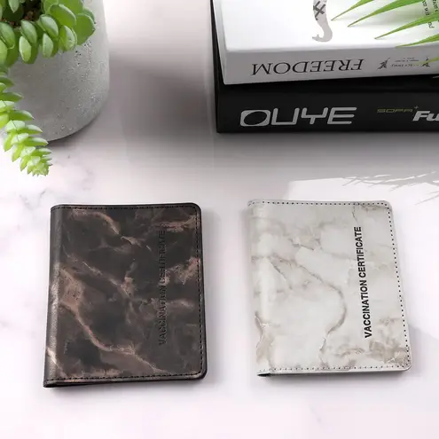 Waterproof Travel Vaccine Card Holder Cover Protector PU Leather Marble 4”x3”