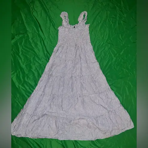 Quince 100% European Linen Smocked Midi Dress Navy Blue & White Fabric sz Small