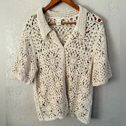 Ultra Pink NEW Crochet Cardigan Sweater Women L Ivory Grannycore