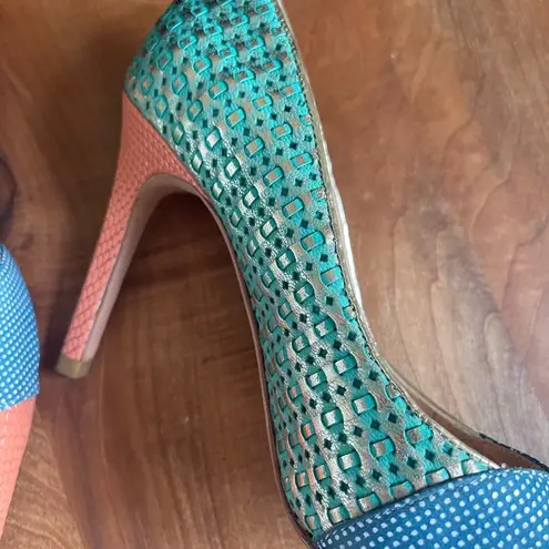 Lucy Choi London “Cupid” High Heels Orange Green Blue Lizard Size 36 / 6