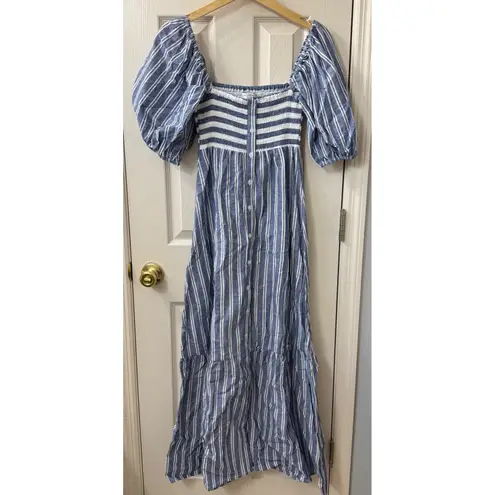 Love Tomas Emerson Fry XS/S Blue White Striped Midi Dress Puff Sleeve Tiered
