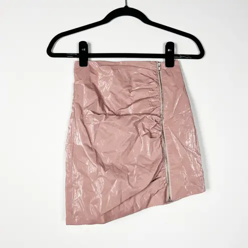 H:ours Brienne Metallic Luxe Ruched Pleated Zipper Mini Skirt Light Pink XXS