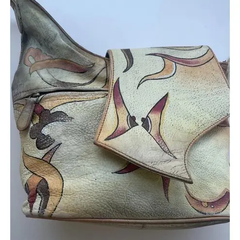 Vintage Magnifique Painted Peacock Art Leather Butterfly Floral Shoulder Bag White