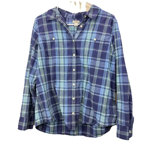 LL Bean Womens Blue Plaid Madras Cotton Button Up Shirt Size LARGE