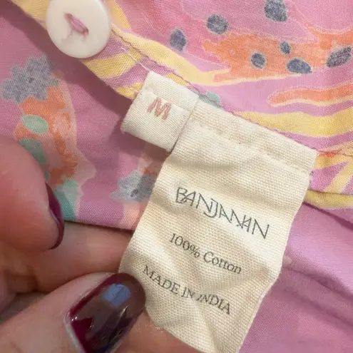 BANJANAN Valeria Midi Dress size Medium Pink Sea Beach Print Puff Sleeves