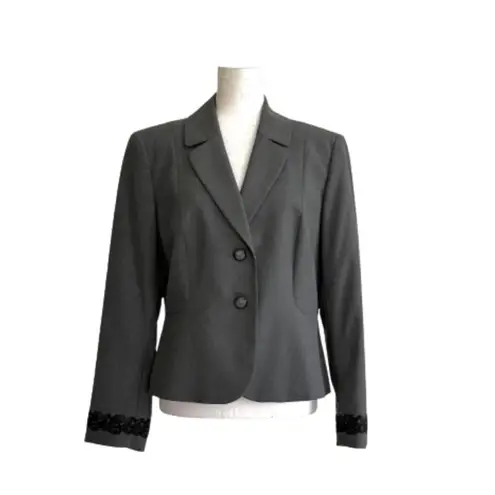 Tahari ASL Blazer Jacket Petite Charcoal Gray Black Lace Trim Career Size 12P
