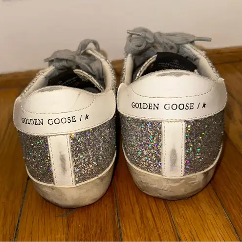 Golden Goose  Superstar Distressed
Glittered Leather Sneakers US9