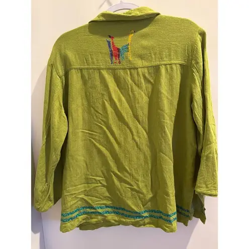 Vintage Mureli Women's Fine Linen Blend Green Beadwork Safari Giraffes Top, sz L Size L
