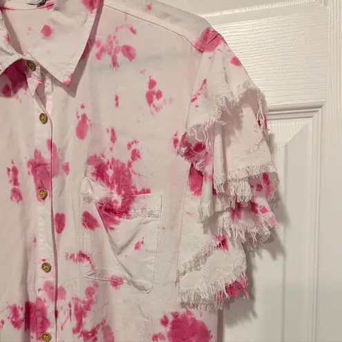 White Birch Tie Dye Fringe Button Down Shirt Pink White Medium Short Sleeve