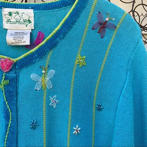 Quacker Factory  blue cardigan spring flowers embroidered embellished MEDIUM