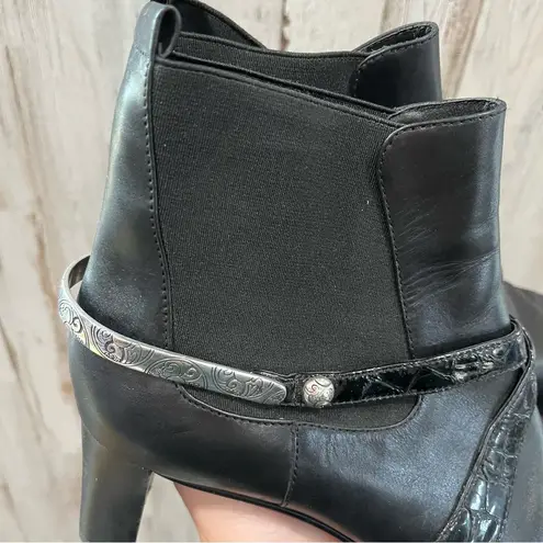 Brighton  Black Leather Croc Western Booties Square Toe Womens 8.5 Motorcycle