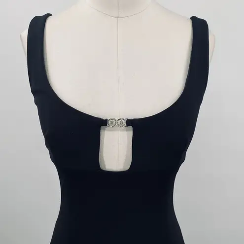 Vintage 90s Slinky Gown Black Embellished Cut out Neckline Fitted Bodycon Black Size XS