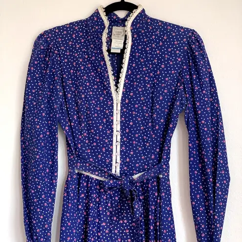 Gunne Sax Vintage 80s Calico Floral Prairie Midi Dress in Blue