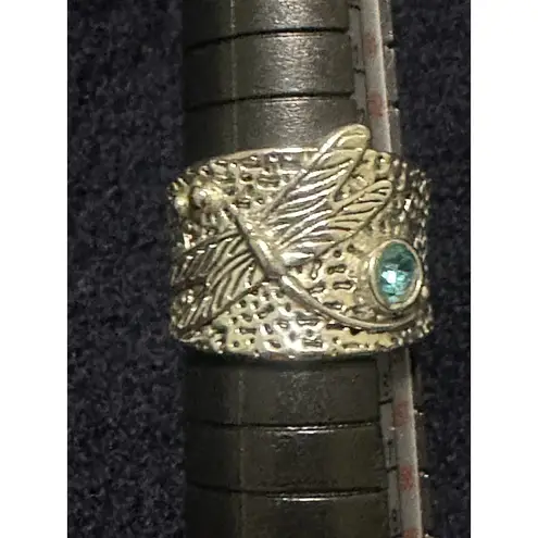 Size 7.5 Silver Metal Blue Crystal DRAGON FLY Ring