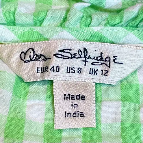 Miss Selfridge Green White Gingham Button down Midi Dress Tie back waist size 8