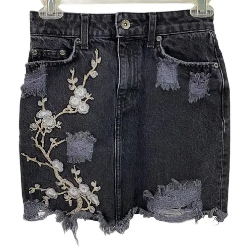 Carmar Black High Rise Slim Fit Distressed Floral Embroidered Denim Skirt Black Size 24