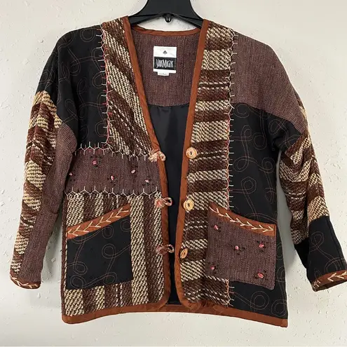 Vintage Yak Magik L Jacket Silk Art to Wear VTG Patchwork Beaded Brown Small