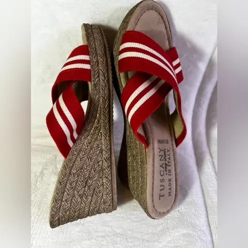 Tuscany By Easy Street Women’s Size 6.5 WW Red Striped Fabric Wedge Sandals
