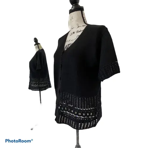 Christina VTG Knit Crochet Short Sleeve Sweater Black Cardigan 