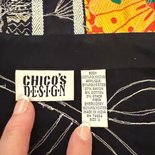 VTG Chico's Design Jacket Black Gray Embroidered Patchwork Art To Wear Size 2 L Size L