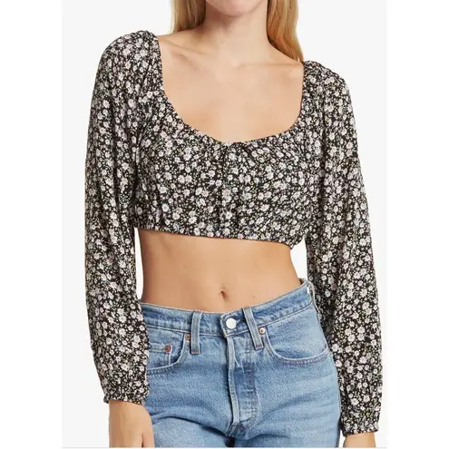 Nordstrom   Purple Navy Floral Milkmaid Crop Top LARGE Pansy Long Sleeves NEW